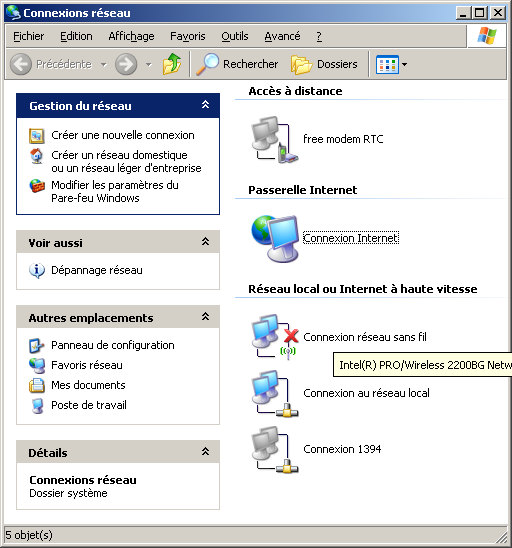 Network connections pannel